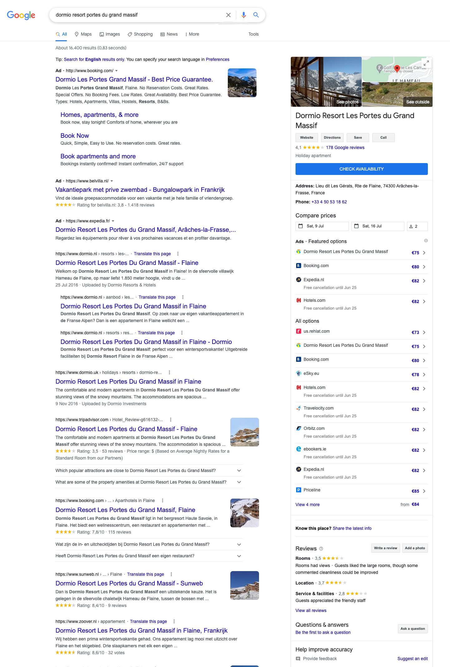 Example of Hotel Ads after a specific search for a hotel in Google
