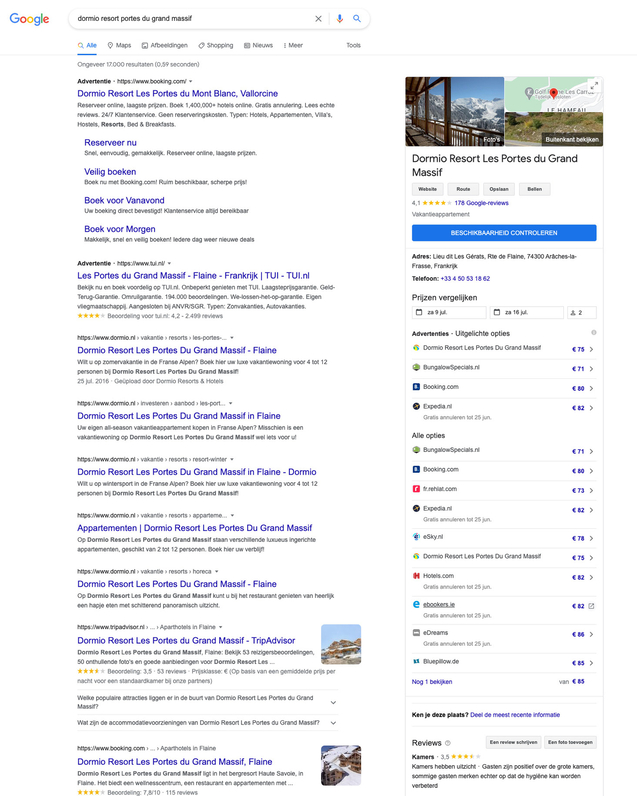 Voorbeeld van Google Hotel Ads bij specifieke zoekterm op hotelnaam in Google