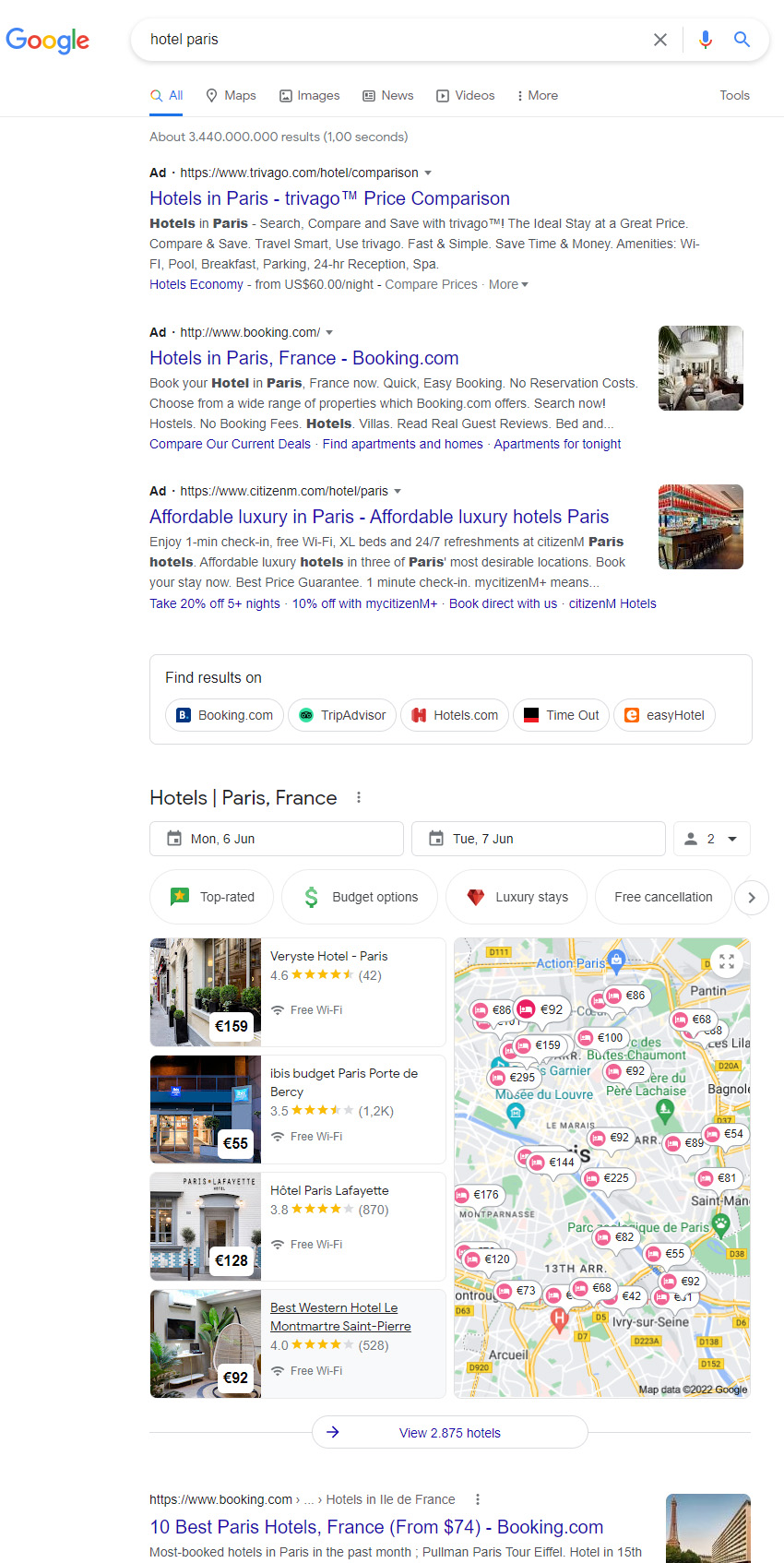 Google Hotel Ads example within the Search Engine Result Pages